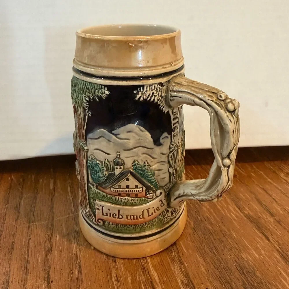 Vintage German Beer Stein AT Original Relief Alpine Scene Ceramic Mug 5